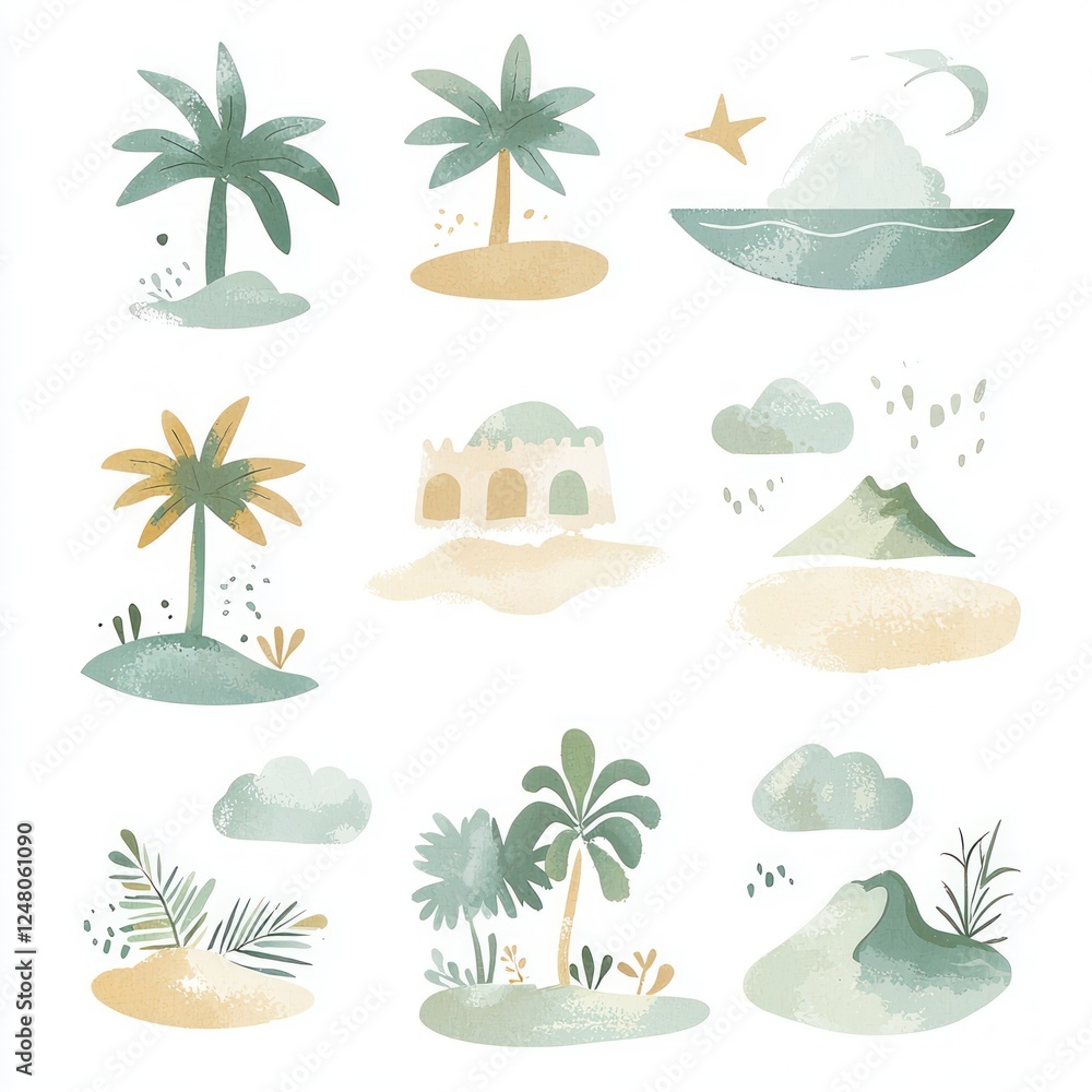 Fototapeta premium Tropical Illustrations of Plants, Landscapes, and Nature Elements