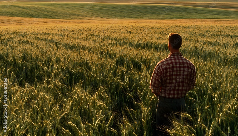 Fototapeta premium Man standing in a wheat field looking into distance