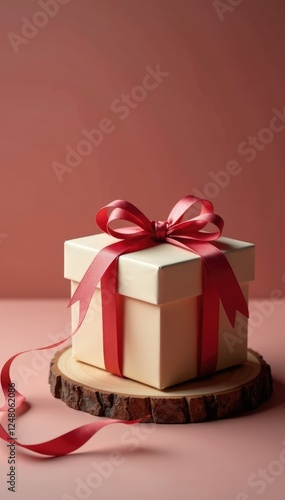 Decorated gift box with ribbon tied around a small wooden base, ribbon, box, holiday