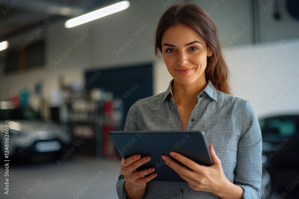 Fototapeta premium A woman holds a tablet computer in a garage setting, possibly working or browsing