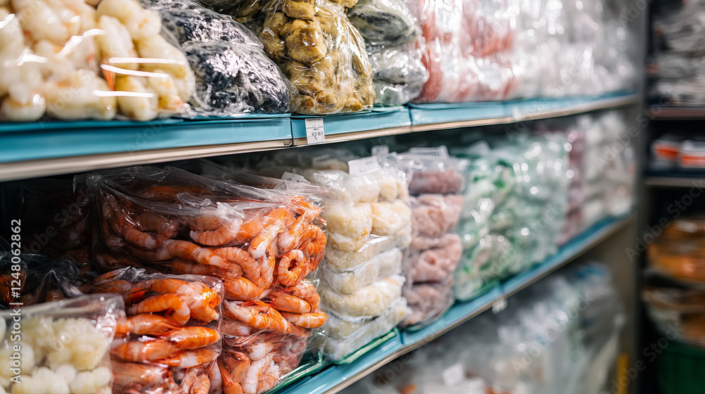 Fototapeta premium Frozen meat product in plastic food wrap vector. Raw steak and fish in polyethylene bag. Shrimp package container for supermarket refrigeration set. Isolated packaging tray to freeze grocery piece