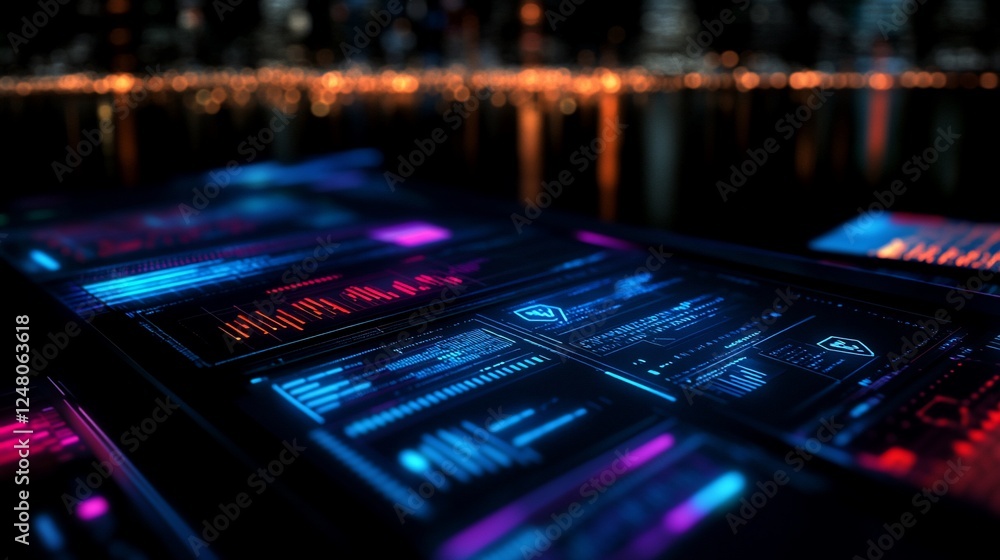 Obraz premium City Night Data Analysis Security Interface
