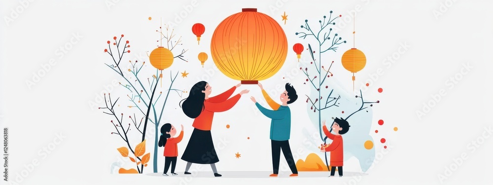 Obraz premium Family Celebrating Festival with Lanterns in Colorful Autumn Scene, Joyful Moments Together