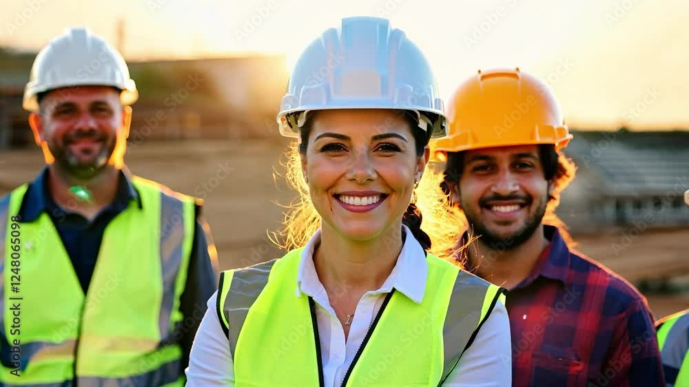 Smiling construction team wearing safety gear and helmets at a worksite during sunset. Teamwork and building industry concept Smiling construction team wearing safety gear and helmets at a worksite during sunset. Teamwork and building industry concept