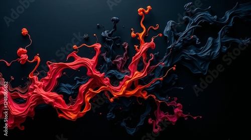 High-angle view, modern flat design. Intense jet black photorealistic image with swirling abstract ink tendrils and vibrant, clashing colors. Film grain texture evokes a turbulent, unsettlingly vivid 
