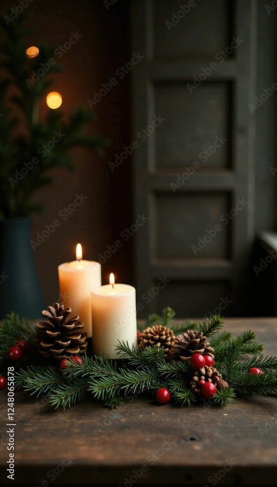 Dark brown wooden branches on a rustic table with candles, pinecones, and holly, dark brown, table Dark brown wooden branches on a rustic table with candles, pinecones, and holly, dark brown, table