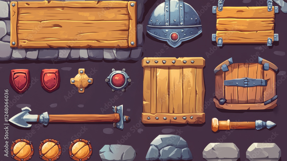 Naklejka premium Game menu frame with buttons, medieval helmet, stone wall and wooden board. Vector cartoon set of 2d ui elements for fantasy mobile or computer game, menu and exit banners
