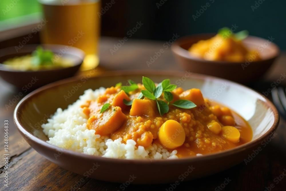A warm and inviting atmosphere created by a steaming plate of Massaman curry and rice, comforting, homey A warm and inviting atmosphere created by a steaming plate of Massaman curry and rice, comforting, homey