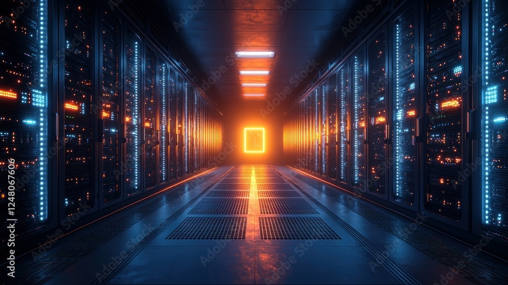Illuminated server room corridor, digital infrastructure, data center, glowing panels, technology background Illuminated server room corridor, digital infrastructure, data center, glowing panels, technology background