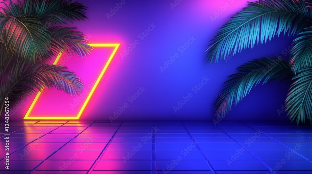 Fototapeta premium Neon Glow Tropical Paradise Retro Vibe 80s Synthwave Aesthetic Background