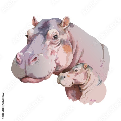 Mother hippopotamus and child hippo watercolor painting vector art design