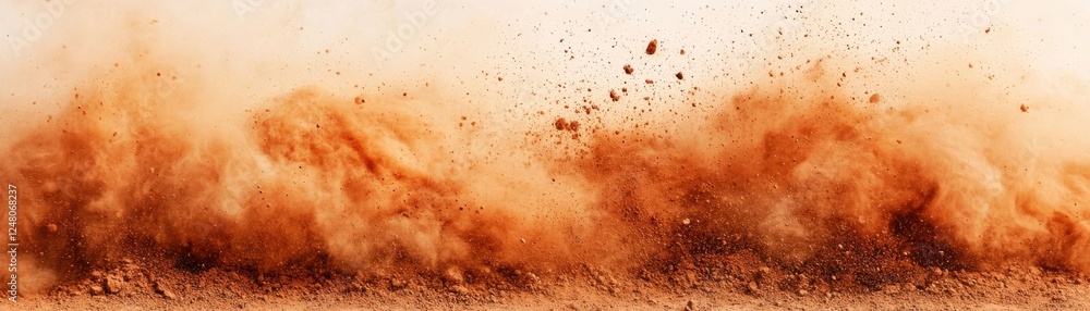 A cloud of reddish-brown dust billows upward, creating a dynamic scene that suggests movement and energy. A cloud of reddish-brown dust billows upward, creating a dynamic scene that suggests movement and energy.