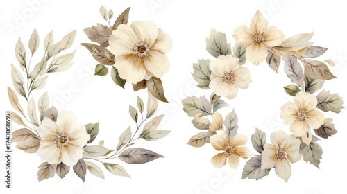 Delicate watercolor illustration of three flowers and leaves