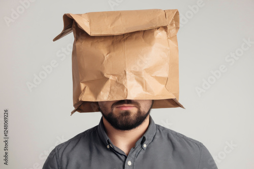 Man with a paper bag on his head isolated on white photo