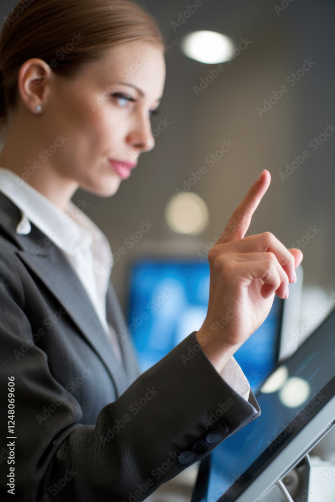 Businesswoman pressing button on touch screen Businesswoman pressing button on touch screen