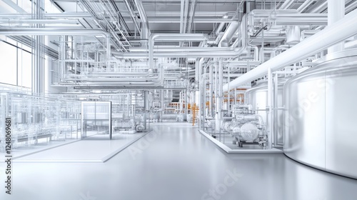 Wallpaper Mural industrial setup feat numerous interconnected pipes and large storage tanks, in a sleek, metallic, and somewhat futuristic style. The predominant color scheme is silver and white, giving it a clean. Torontodigital.ca