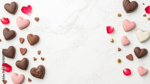 Elegant Arrangement of Heart-Shaped Chocolates and Rose Petals on Marble Surface for Romantic Celebrations