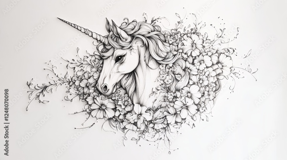 Fototapeta premium Elegant Unicorn Tattoo Surrounded by Intricate Floral Designs and Details