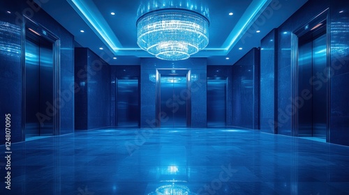 Blue Lobby Elevators, Crystal Chandelier photo