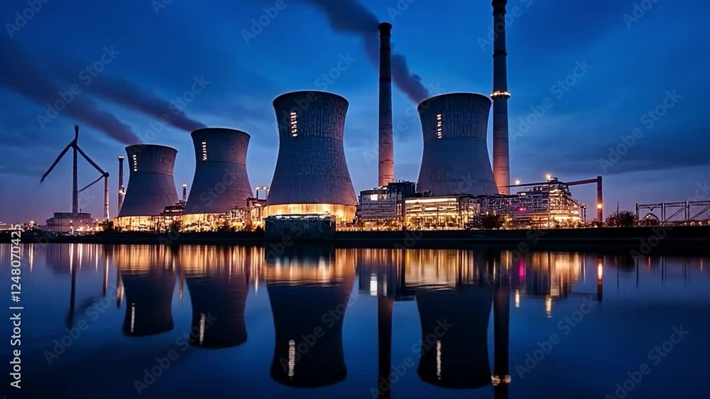 Nightfall at the Power Plant: A majestic power plant, with its imposing cooling towers and industrial structures, stands illuminated against the twilight sky. Nightfall at the Power Plant: A majestic power plant, with its imposing cooling towers and industrial structures, stands illuminated against the twilight sky.