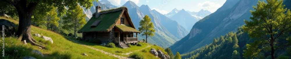 Obraz premium Thatched cottage nestled among mountain trees, thatch, wildlife, cabin life