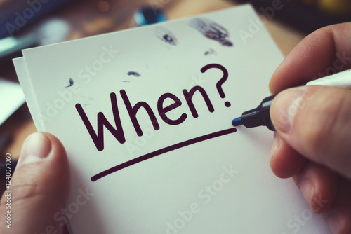 Hand writing a question WHEN? with marker photo