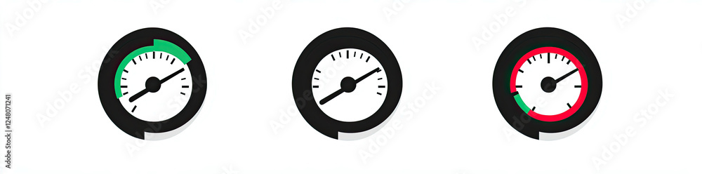 Set of Three Circular Gauges with Green Highlights on White Background Set of Three Circular Gauges with Green Highlights on White Background