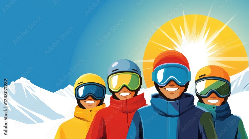 Cheerful Group of Skiers with Colorful Gear Enjoying a Sunny Day on the Slopes in a Snowy Mountain Landscape Cheerful Group of Skiers with Colorful Gear Enjoying a Sunny Day on the Slopes in a Snowy Mountain Landscape