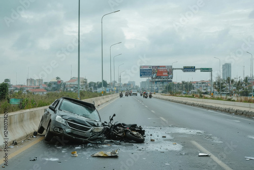 A collision between a motorcycle and a truck with debris scattered on the road photo