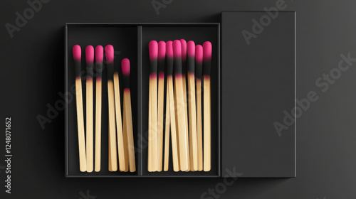 Matches in box, stages of burning from black firebrand head to charred burnt wooden stick, matchsticks with pink sulphur lying in open case isolated on transparent background, Realistic 3d vector set photo