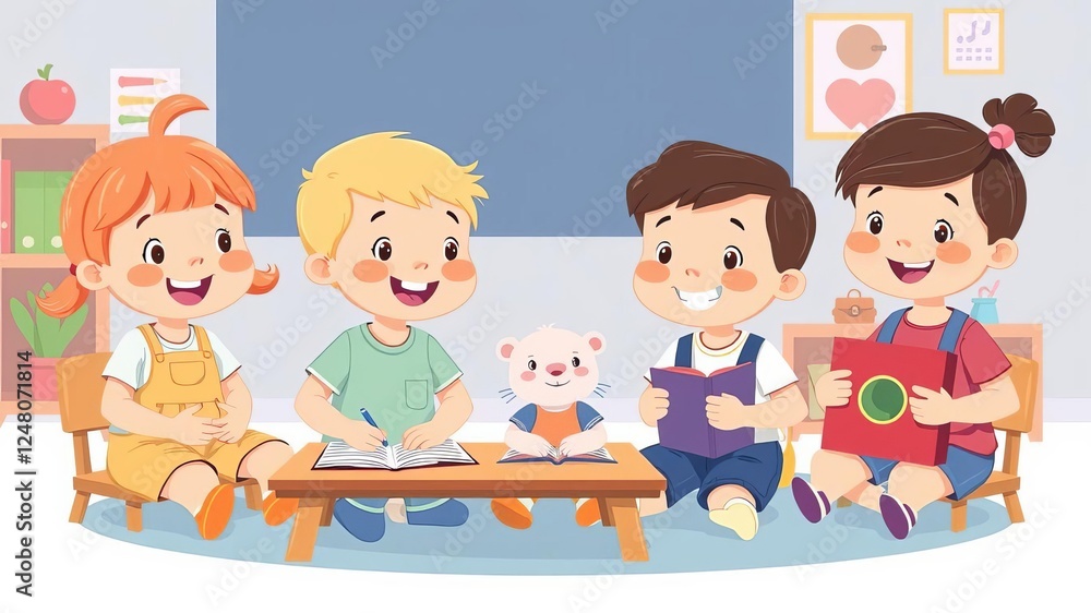 Teacher and group of young students in kindergarten setting, with colorful backpacks and educational tools, children, kindergarten, cute Teacher and group of young students in kindergarten setting, with colorful backpacks and educational tools, children, kindergarten, cute