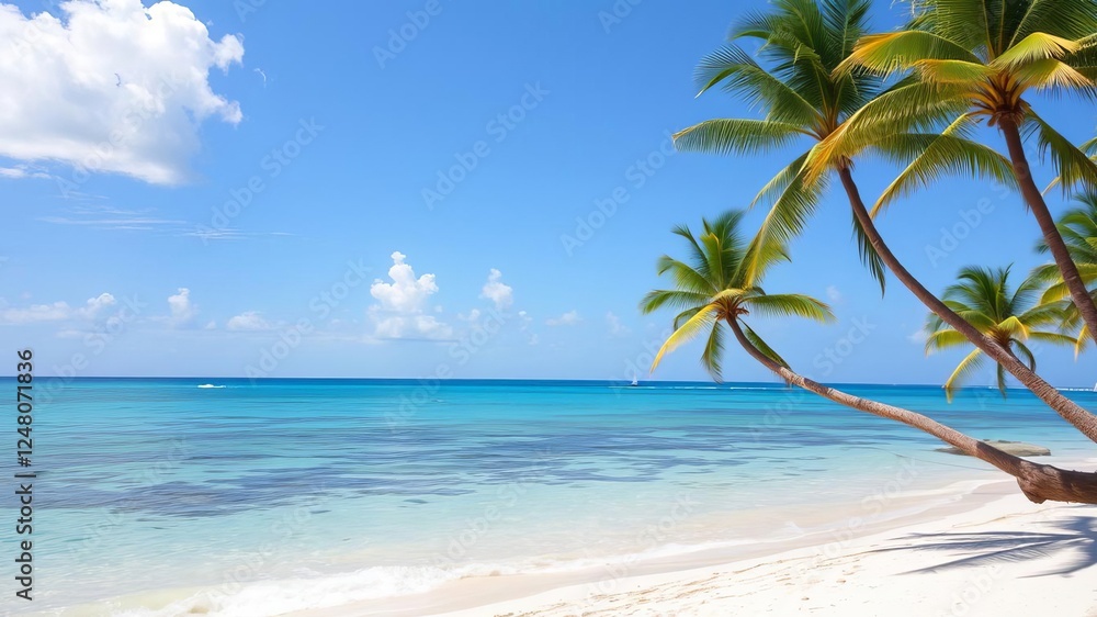 Sweeping view of a pristine tropical sandy beach on the Caribbean sea in Mexico, with turquoise waters and palm trees lining the shore, Caribbean sea, picturesque, travel Sweeping view of a pristine tropical sandy beach on the Caribbean sea in Mexico, with turquoise waters and palm trees lining the shore, Caribbean sea, picturesque, travel