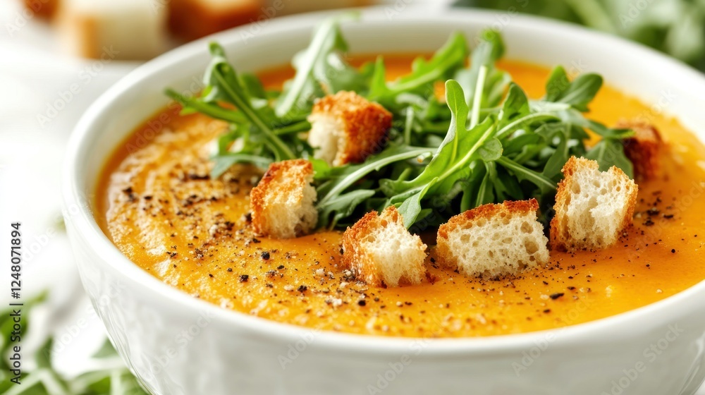Creamy Pumpkin Soup with Croutons and Arugula Creamy Pumpkin Soup with Croutons and Arugula