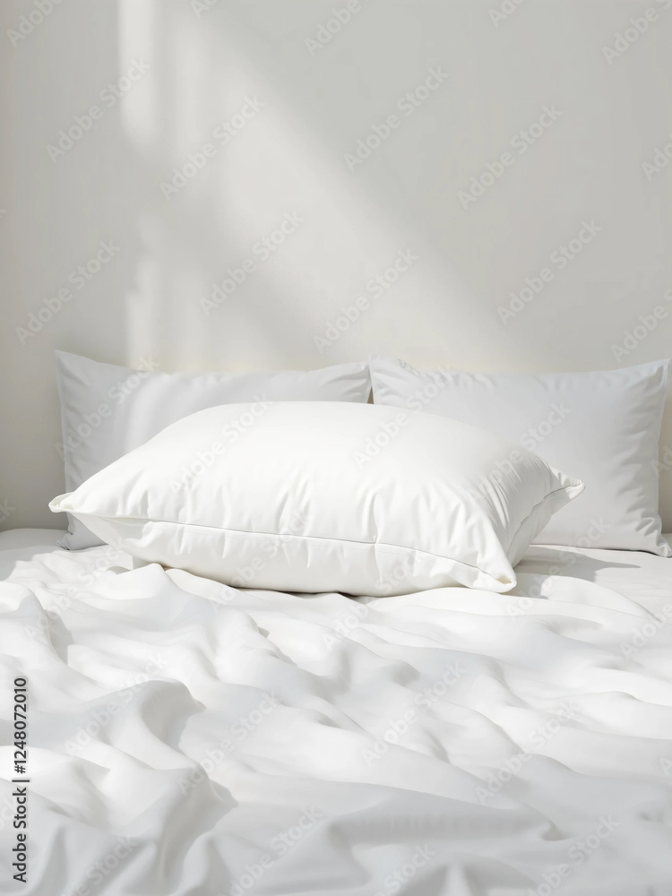 Obraz premium A Soft, Fluffy White Pillow Resting on a Neatly Made Bed with Crisp White Sheets. Soft Natural Lighting Enhances the Texture and Comfort of the Fabric, Creating a Cozy and Serene Bedroom Atmosphere 