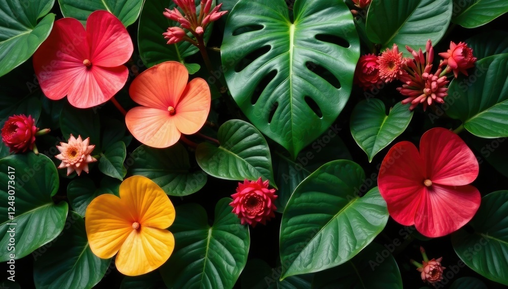 Fototapeta premium Monstera Deliciosa in a mixed tropical arrangement, dense foliage, floral arrangement