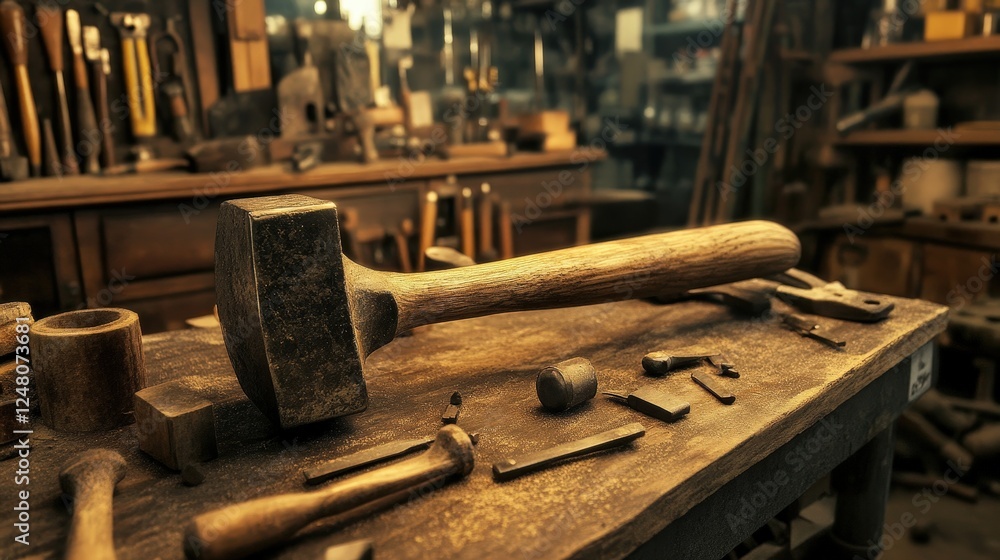 Carpenter's Hammer and Tools: A heavy, well-used carpenter's hammer rests on a rustic workbench, surrounded by an assortment of other hand tools, creating a scene of craftsmanship and tradition. Carpenter's Hammer and Tools: A heavy, well-used carpenter's hammer rests on a rustic workbench, surrounded by an assortment of other hand tools, creating a scene of craftsmanship and tradition.