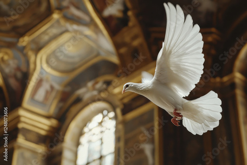 White dove flying over a church, symbolizing peace and resurrection photo