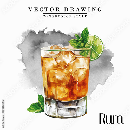 Rum glass Vintage Watercolor Style Stock Vector Illustration