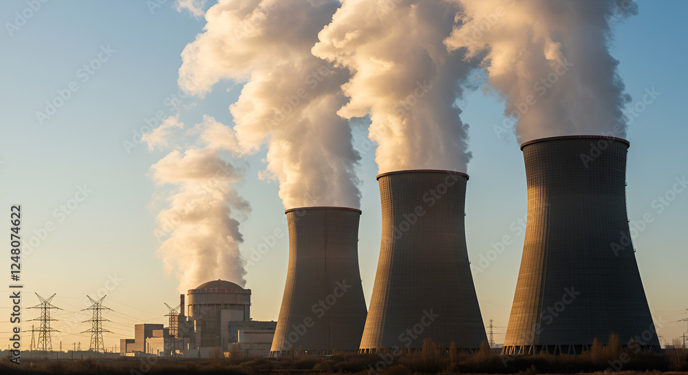 Nuclear Power Plant Cooling Towers Releasing Steam