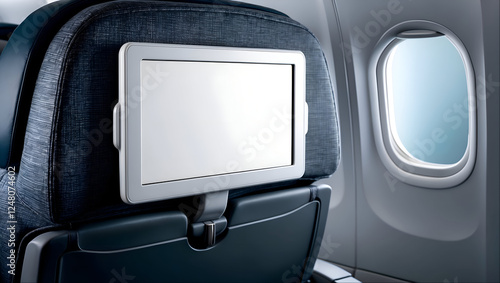Airplane chair with blank tv screen Aircraft Cabin Interior Flight Entertainment Air Travel Transport Display Mockup Window Seat