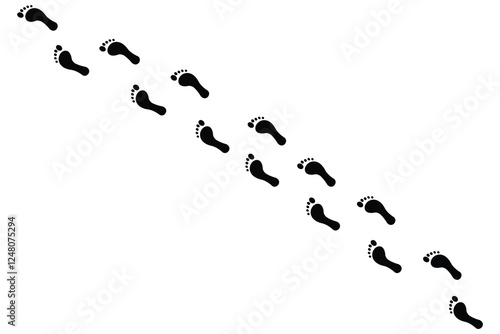 Human footprint. Path of human bare feet. Road of steps. Person walks barefoot. Silhouette. Vector isolated on white. Diagonal path. Drunk staggering man. 