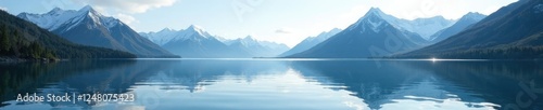 Gentle ripples on the lake's surface create a mirrored effect of surrounding peaks, sky, reflection, peak photo