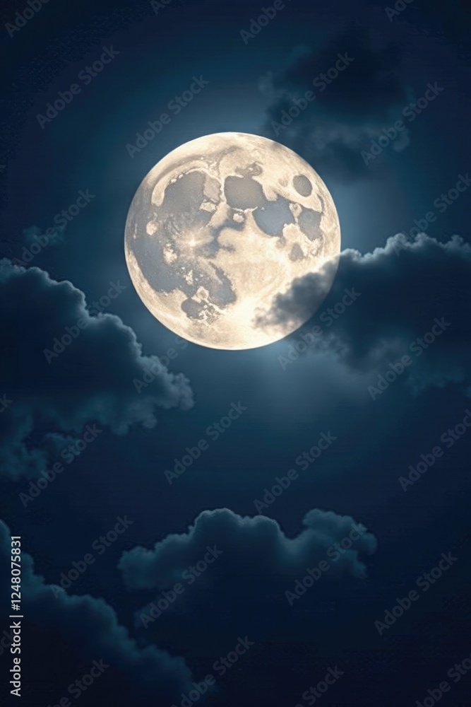 Fototapeta premium Full moon hidden behind a veil of grey clouds, atmosphere, lunar