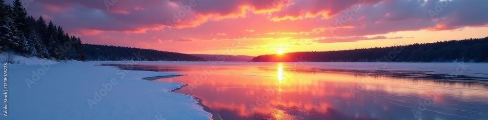 Fototapeta premium Frozen lake at sunset with warm colors and an abstract sky, serene landscape, frozen lake,