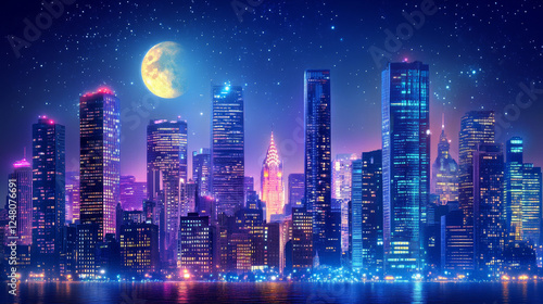 Wallpaper Mural Night city with neon illumination. Urban architecture panoramic background, cityscape with glowing lights under full moon and stars. Modern megapolis buildings exterior, Cartoon vector illustration Torontodigital.ca