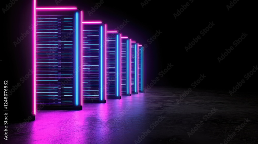 Neon-lit server racks in a dark environment create a futuristic tech atmosphere.