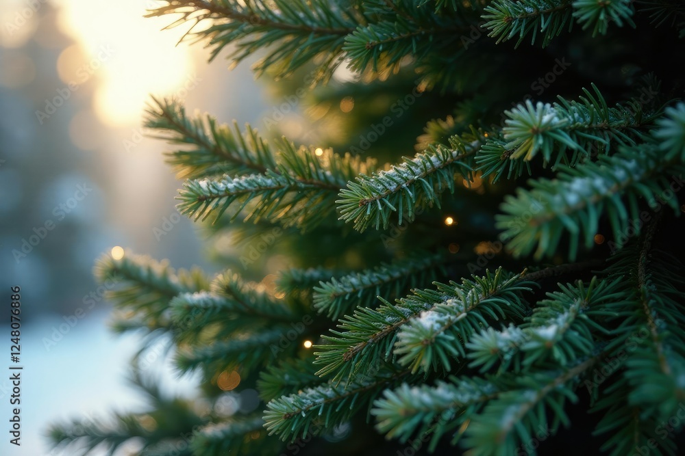 Delicate golden strands weave through the dense foliage of a towering fir tree, greenery, winter, frosty atmosphere Delicate golden strands weave through the dense foliage of a towering fir tree, greenery, winter, frosty atmosphere