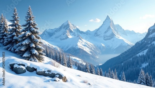 Wallpaper Mural Frosty mountain landscape with pine trees and snow-covered peaks, swiss alps, rocky terrain Torontodigital.ca