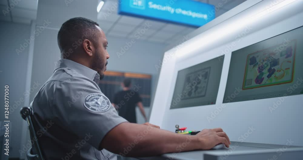 Airport Terminal: African American Security Officer Monitors Luggage Screening on Computer Screens, Finds Suspicious Item in Suitcase. Modern X-ray Scanning on Conveyor Belt at Security Checkpoint. Airport Terminal: African American Security Officer Monitors Luggage Screening on Computer Screens, Finds Suspicious Item in Suitcase. Modern X-ray Scanning on Conveyor Belt at Security Checkpoint.
