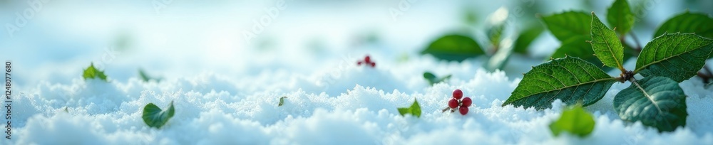 Dark green holly leaves scattered on a snowy ground, leaf, Dark green holly leaves scattered on a snowy ground, leaf,